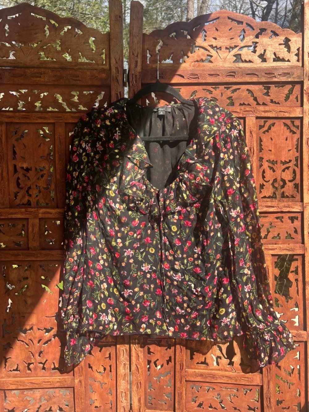J. Crew Black Floral Ruffle Blouse
